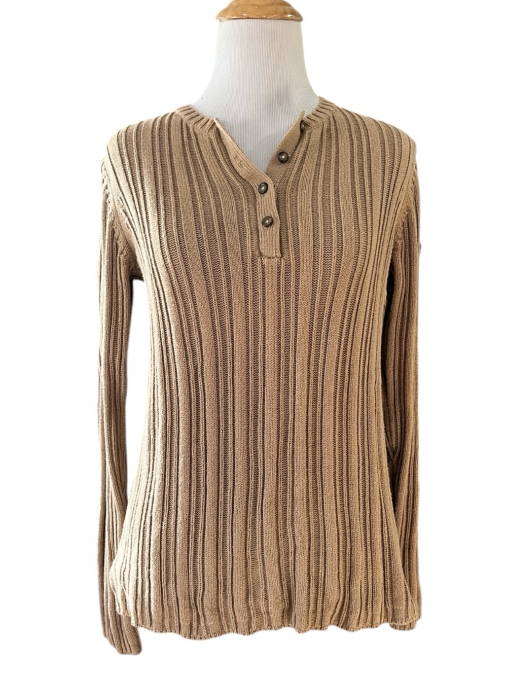 RUFF HEWN LONG SLEEVE RIBBED KNIT HENLEY SWEATER TAN SIZE SMALL